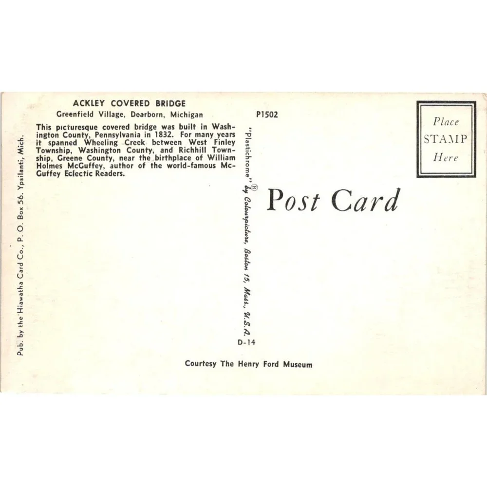 Ackley Covered Bridge Postcard Travel Souvenir Unposted Dearborn Michigan